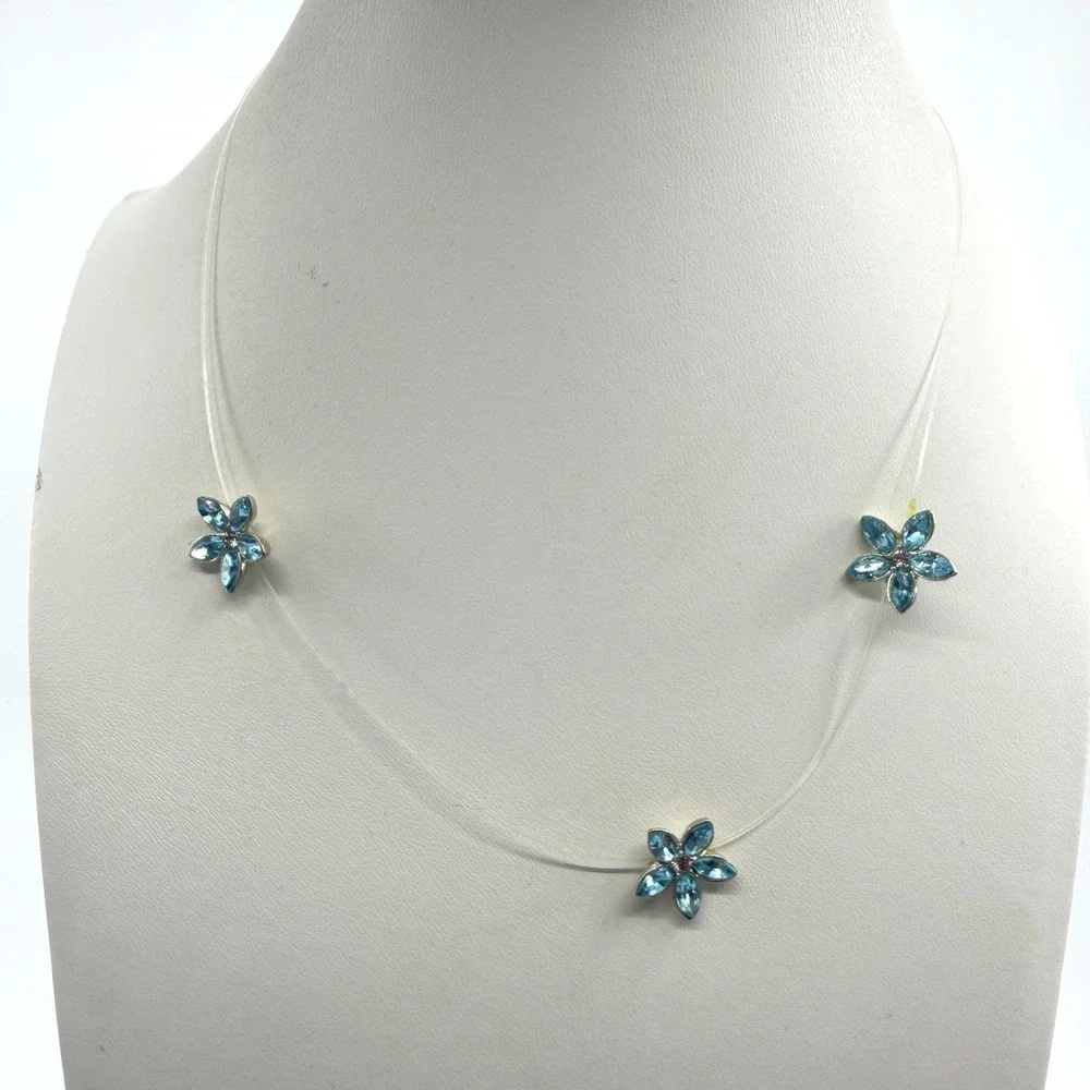 Blue Crystal Flower Illusion Necklace Floating Gem Dainty Boho Wedding Jewelry